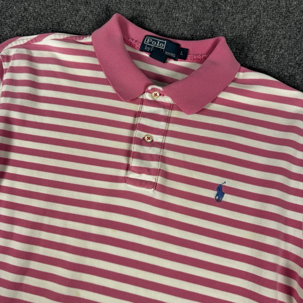 Polo Ralph Lauren Men's Large Polo Shirt Pink White Striped Blue Pony VTG L